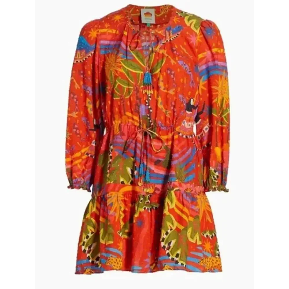 Farm Rio Magic Forest Cotton Mini Dress V-Neck Long Sleeve Beaded Tassels sz M - Picture 3 of 16